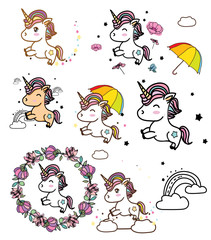 colorful drawing with unicorns with rainbow colors and stars on a white background