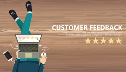 Rating on customer service illustration. Man sitting on the floor and holding tablet in his lap. Website rating feedback and review concept. Flat vector illustration
