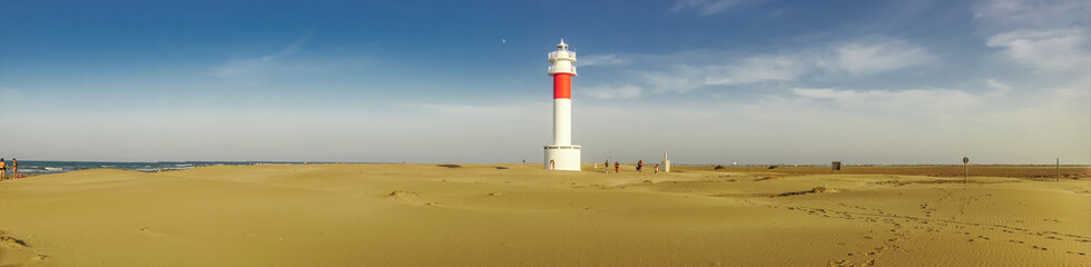 Panoramic view of Lighthouse "el Far del Fangar" on Delta de l'ebre natural park, tarragona, Catalonia, Spain.