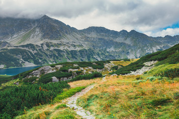 Aerial view of Five lakes valley in High Tatra Mountains, Poland
