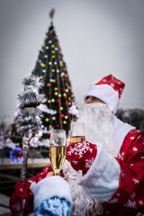Celebration and New Year concept. Man with beard holds champagne glass. Guy near Christmas tree in the park. Santa Claus in red hat with cheerful face. Happy new Year! Cheers!