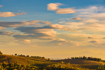 Tuscany landscape at sunset in autumn. Chianti wine region, Italy.