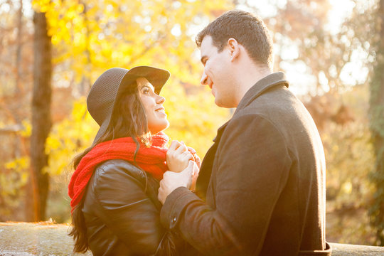Beautiful gourgeous caucasian couple in autumn park