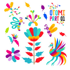 Vector folk Mexican Otomi Style embroidery Pattern set. Folk embroidery ornament elements.