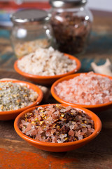 Variety of sea salt, pink Himalayan salt, colorful salt with dried chili pepper, herbs and spices.