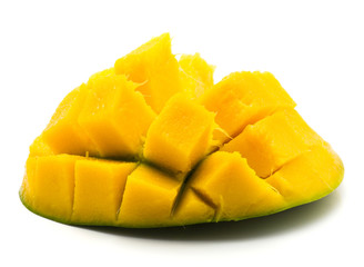 Sliced mango hedgehog shape isolated on white background one half.
