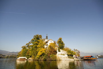 Island with church and trees nature at lake Bled, Slovenia