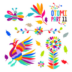 Vector folk Mexican Otomi Style embroidery Pattern set. Folk embroidery ornament elements.