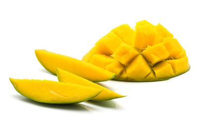 Sliced mango isolated on white background three slices and sliced hedgehog half.