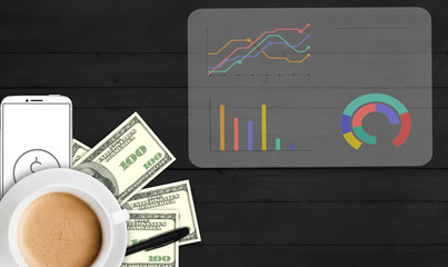 concept business plan, money, statistics, hologram on the table. - 181539752