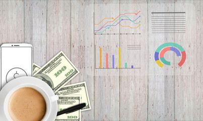 concept business plan, money, statistics, hologram on the table. - 181539790