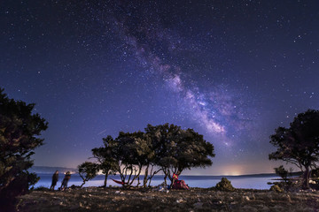 Milky way space stars night sky camping by the sea in nature trees