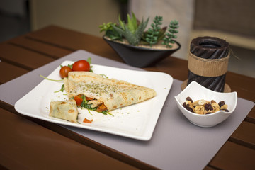 Vegetairan healthy fitness pancakes with vegetables and cheese romantic dinner restaurant