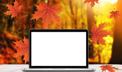 laptop with a white screen is lying on a table on the background of the autumn park - 181540173