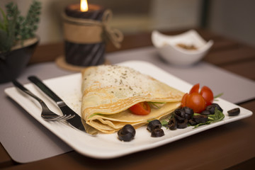 Vegetairan healthy fitness pancakes with vegetables and cheese romantic dinner restaurant