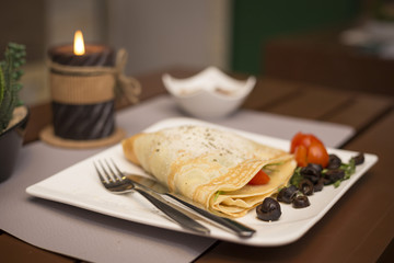 Vegetairan healthy fitness pancakes with vegetables and cheese romantic dinner restaurant