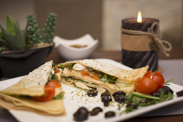 Vegetairan healthy fitness pancakes with vegetables and cheese romantic dinner restaurant