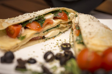Vegetairan healthy fitness pancakes with vegetables and cheese romantic dinner restaurant