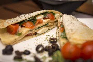 Vegetairan healthy fitness pancakes with vegetables and cheese romantic dinner restaurant