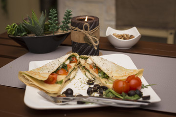 Vegetairan healthy fitness pancakes with vegetables and cheese romantic dinner restaurant