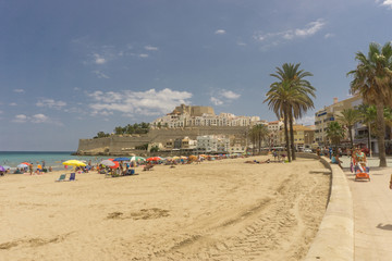 Peñiscola, Spain, August 19, 2017: General view from touristic beach. Peñiscola it's one important touristic place in Spain.
