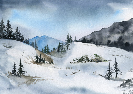 watercolor landscape winter snowy day in the mountains