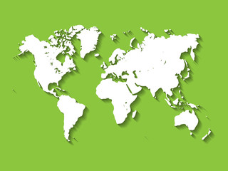 White Vector Map of World. Modern flat design with dropped long shadow isolated on green background.