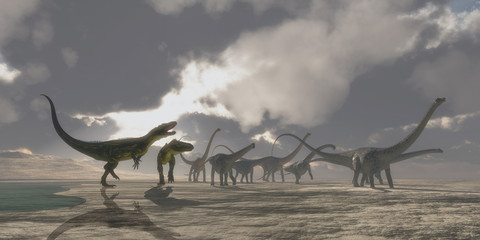 Torvosaurus and Diplodocus Dinosaurs - A Diplodocus dinosaur herd gets very upset as two Torvosaurus dinosaurs kept them from drinking at a watering hole. © Catmando