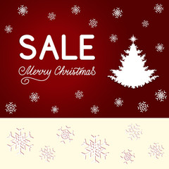 Fototapeta na wymiar Lettering Sale, Merry Christmas, fir tree with white snowflakes on a red background. Winter concept for banner, poster, coupons, cards, invitations for shopping. Ads, Deals. Vector illustration EPS 8