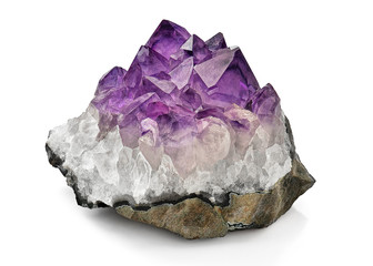 Crystal Stone macro mineral, purple rough amethyst quartz crystals on white background - obrazy, fototapety, plakaty