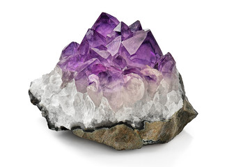 Crystal Stone macro mineral, purple rough amethyst quartz crystals on white background