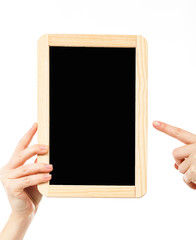 woman's hands holding a blackboard publicity