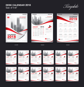 Set Desk Calendar 2018 template design, red cover, Set of 12 Months, Week start Sunday