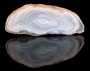 Amazing Banded Agate Crystal cross section cut isolated on black background with reflection. Natural light translucent agate crystal surface, Gray abstract structure slice mineral stone macro closeup