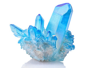 Amazing colorful Quartz Rainbow Flame Blue Aqua Aura crystal cluster closeup macro isolated on...