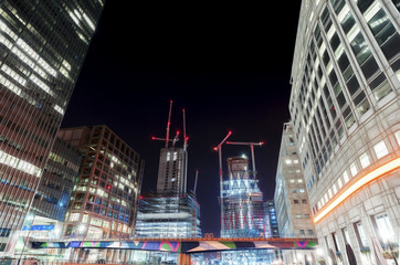 London's Canary Wharf illuminated at night