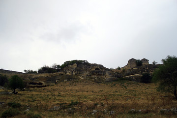 Ancient cave town/city of Crimean Tatar - Chufut-Kale, Mangup-Kale, Bakhchisaray. Historical ruins and amazing place. The Caves was built in the limestone walls. Cultural Landscape.