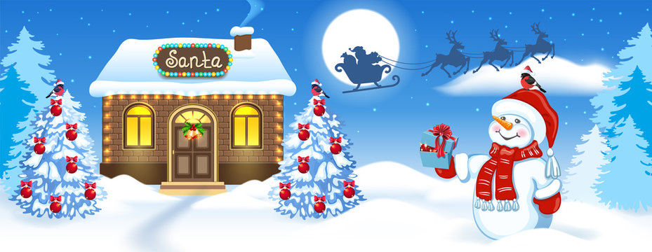 Christmas card with Snowman, brick house and Santa's workshop against winter forest background and Santa Claus in sleigh with reindeer team flying in the moon sky