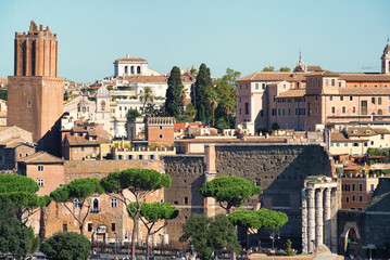 Fototapeta na wymiar Ancient roman forum in the city, autumn Italy