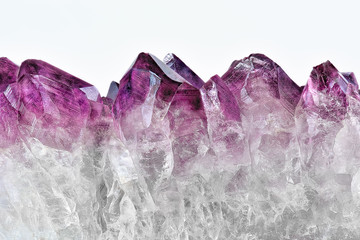 Crystal Stone macro mineral, purple rough amethyst quartz crystals on white background - obrazy, fototapety, plakaty
