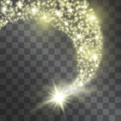 Light effect with golden comet with glowing tail of shining stardust sparkles, warm illumination. Glistening energy flow in motion. Luxurious design element. Hotspots and glittering flares cluster. © Manon Labe