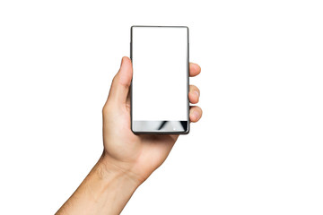 Mockup of male hand holding black frameless cell phone with blank screen isolated at white background.