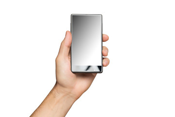 Mockup of male hand holding black frameless cell phone with black screen isolated at white background.