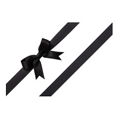 Black bow tied using silk ribbon, cut out top view, corner