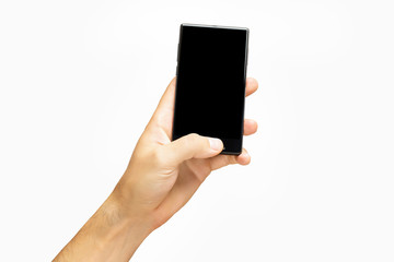 Mockup of male hand holding black frameless cell phone with black screen isolated at white background.