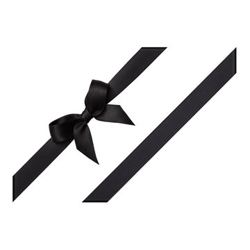 Black bow tied using silk ribbon, cut out top view, corner