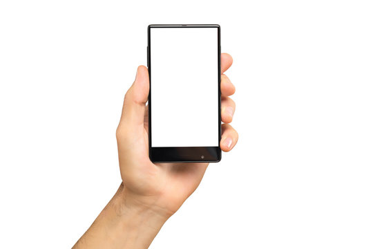 Mockup Of Male Hand Holding Black Frameless Cell Phone With Blank Screen Isolated At White Background.