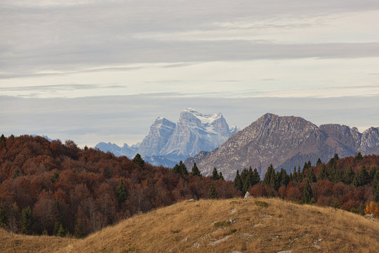 Pelmo Mount from Col dei S'cios, Cansiglio Forest, Veneto, Italy.
