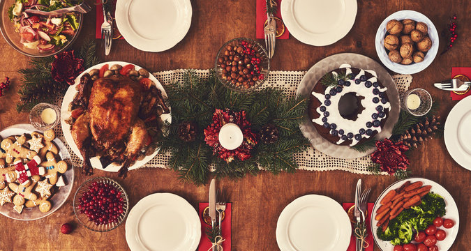 High Angle View Of Table Served For Christmas Family Dinner. Table Concept