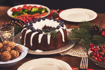 View of table served for Christmas family dinner. Table concept